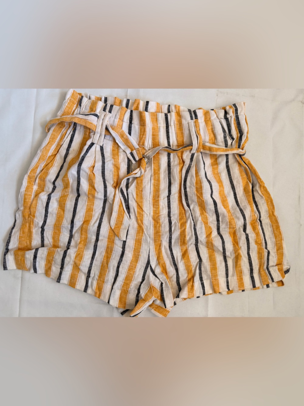 Love Tree Yellow, White & Black Striped Paperbag Waist Shorts